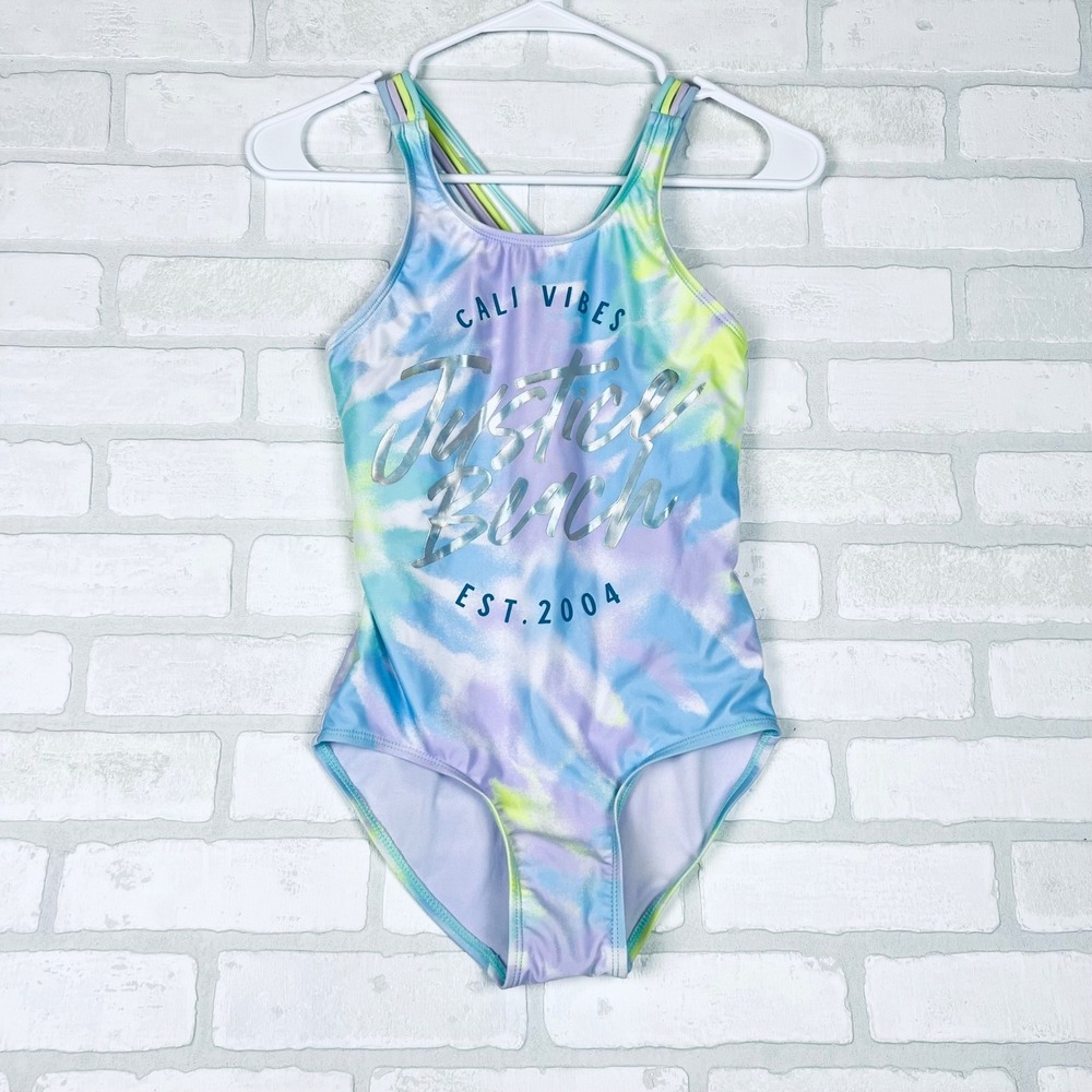 Justice Beach Girls‎ Tie Dye One Piece Swimsuit Multi Strap Blue Purple L 12/14